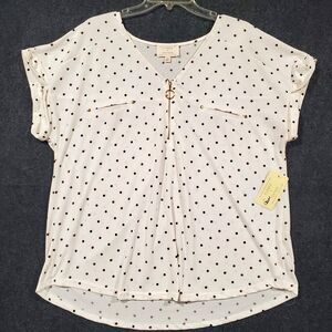 Flower & Feather Women's Blouse Size 2XL Ivory Black Polka Dot Short Sleeve NWT